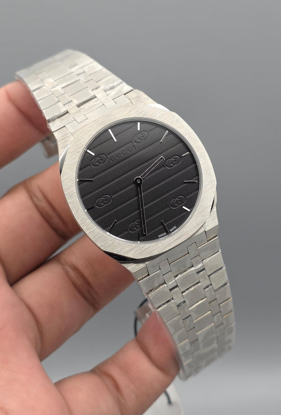 Gucci 25H — Steel / Black GG Stripe Dial Super Clone Master Copy