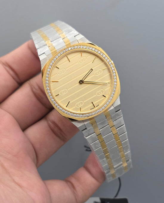 Gucci 25H — Two-Tone Steel & Gold / Champagne GG Stripe Dial Super Clone